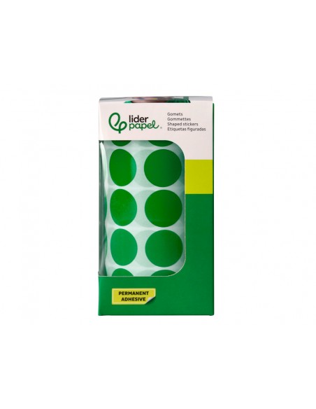 Gomets liderpapel autoadhesivo circulos 20 mm verde rollo de 2000 unidades en caja de carton