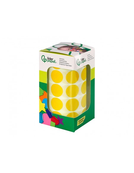 Gomets liderpapel autoadhesivo circulos 20 mm amarillo rollo de 2000 unidades en caja de carton