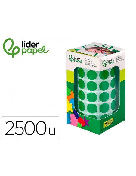 Gomets liderpapel autoadhesivo circulos 15 mm verde rollo de 2500 unidades en caja de carton