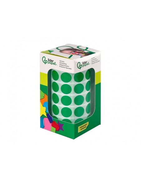 Gomets liderpapel autoadhesivo circulos 15 mm verde rollo de 2500 unidades en caja de carton