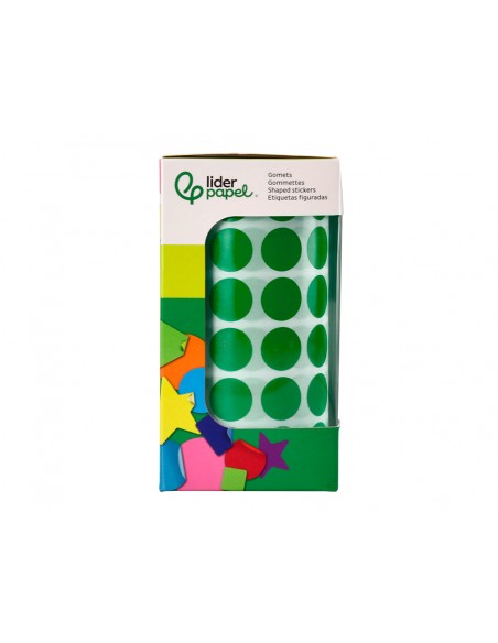 Gomets liderpapel autoadhesivo circulos 15 mm verde rollo de 2500 unidades en caja de carton