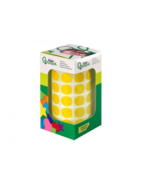 Gomets liderpapel autoadhesivo circulos 15 mm amarillo rollo de 2500 unidades en caja de carton