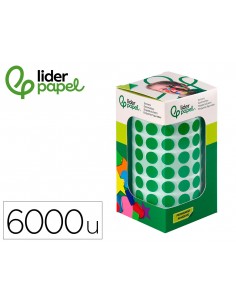 Gomets liderpapel autoadhesivo circulos 10,5 mm verde rollo de 6000 unidades en caja de carton