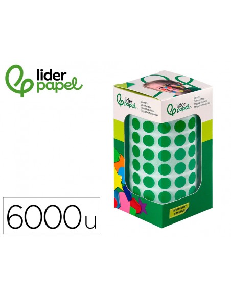Gomets liderpapel autoadhesivo circulos 10,5 mm verde rollo de 6000 unidades en caja de carton
