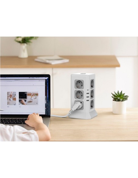 Regleta q-connect enchufe multiple 16 en 1 cable 2 mt 12 tomas de corriente+3 usb+1 usb tipo c 120x120x210mm