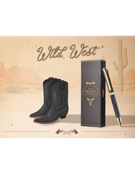 Boligrafo belius wild west aluminio color negro dorado tinta color azul caja de diseño