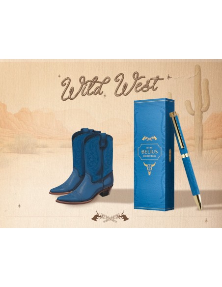 Boligrafo belius wild west aluminio color azul marino dorado tinta color azul caja de diseño