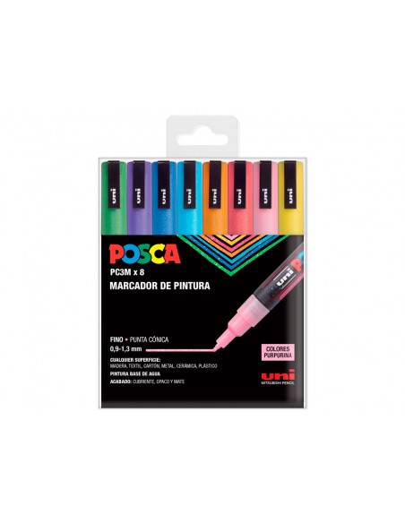 Rotulador uni posca pc-3m/8c marcador de pintura punta conica 0,9-1,3 mm estuche de 8 unidades colores purpurina