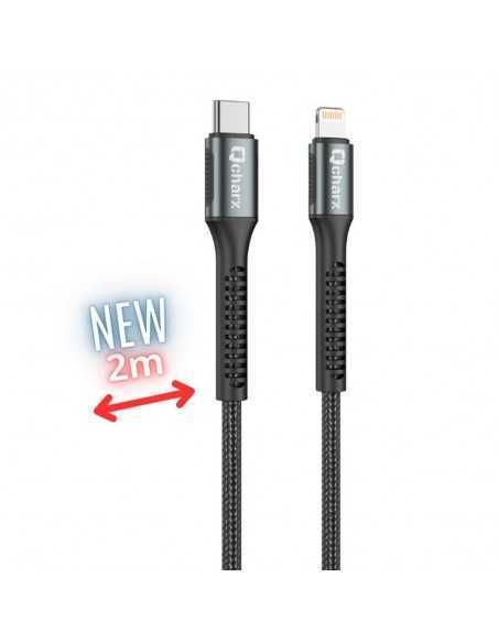 Cable qcharx prague usb tipo c a lightning - 2m - aleacion de aluminio negro cordon de tela suave