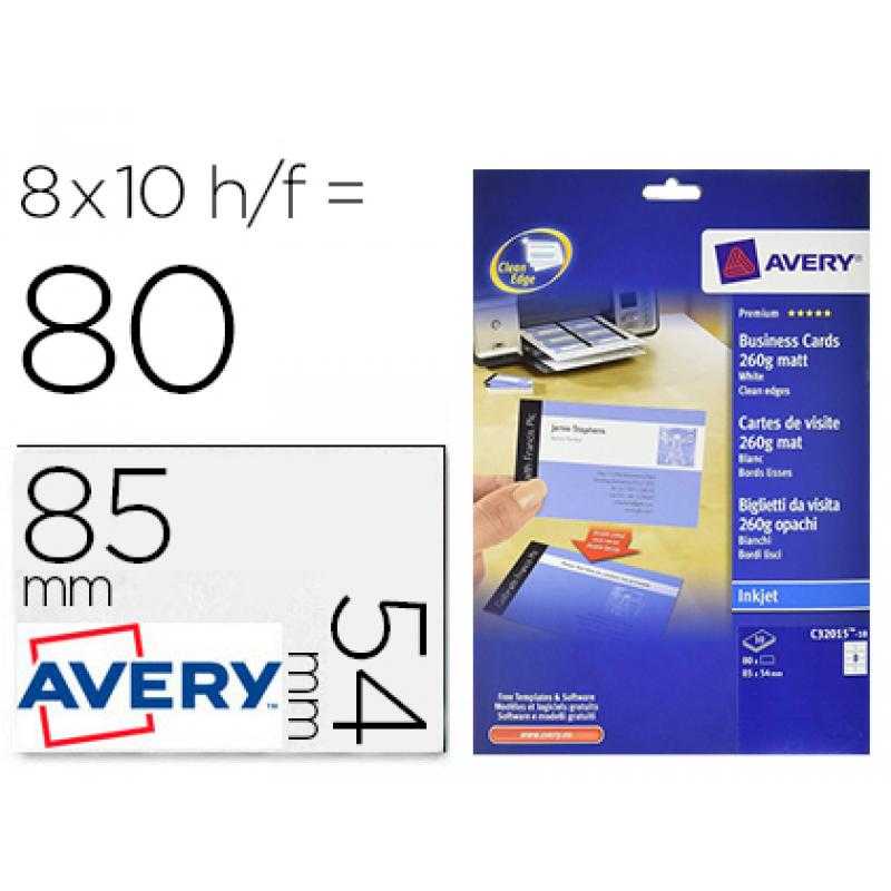 Tarjeta de visita avery blanca mate 85x54 mm imprimible doble cara para ink-jet 260 gr pack de 80 - Imagen 1