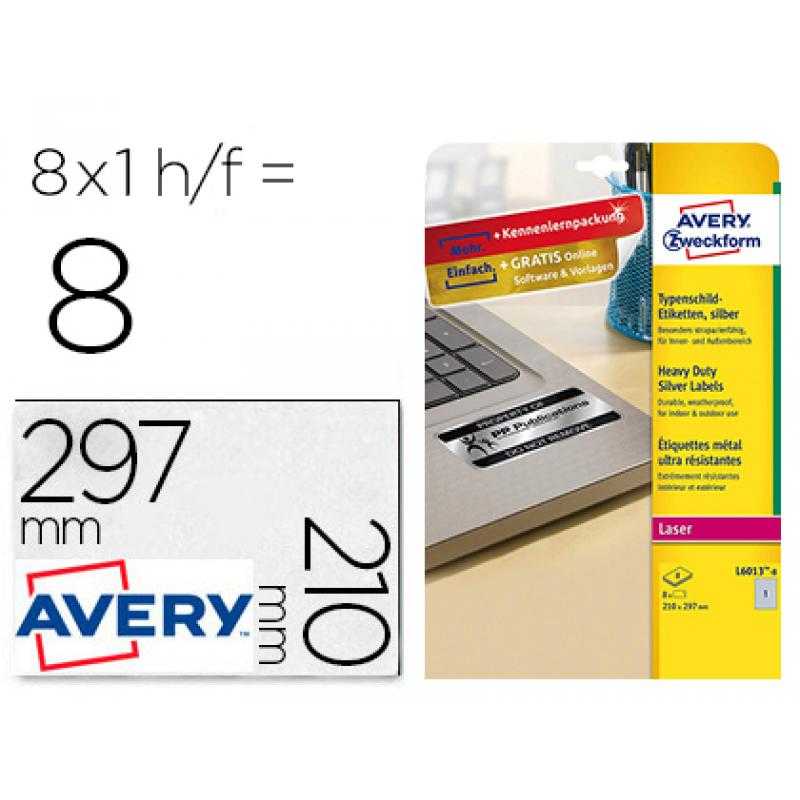 Etiqueta adhesiva avery poliéster plata 210x297 mm láser pack de 8 unidades - Imagen 1