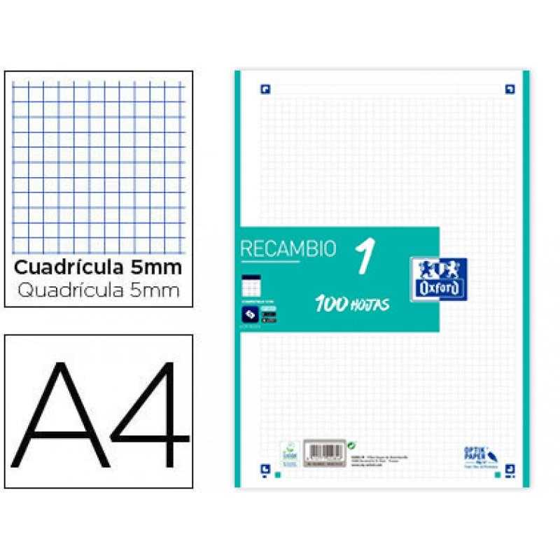 Recambio color oxford din a4 100 hojas 90 gr cuadro 5 mm 4 taladros lima - Imagen 1