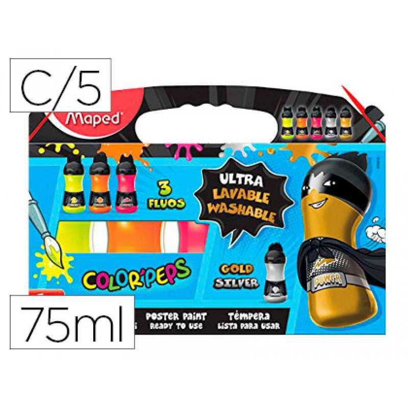Tempera maped color peps ultra lavable caja de 5 colores surtidos 3 flúor y 2 metal 75 ml - Imagen 1
