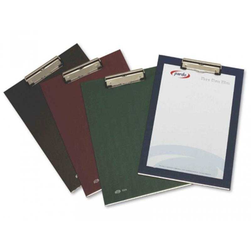 Portanotas pardo cartón forrado pvc folio con pinza metálica verde