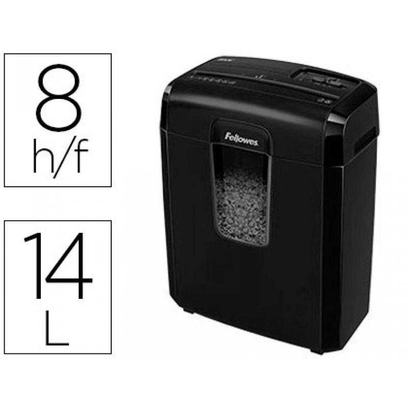 Destructora de documentos fellowes 8mc capacidad de corte 8 hojas en partículas destruye grapas clips tarjetas