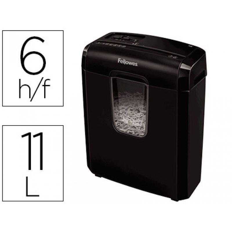 Destructora de documentos fellowes 6c capacidad de corte 6 hojas en partículas destruye grapas clips y tarjeras 11l