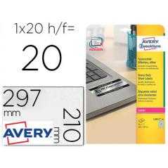 Etiqueta adhesiva avery poliéster plata 210x297 mm para impresora láser pack de 20 unidades - Imagen 1