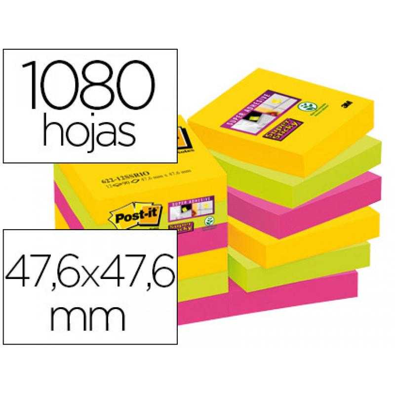 Bloc de notas adhesivas quita y pon post-it super sticky 47,6x47,6 mm con 90 hojas pack de 12 bloc colores