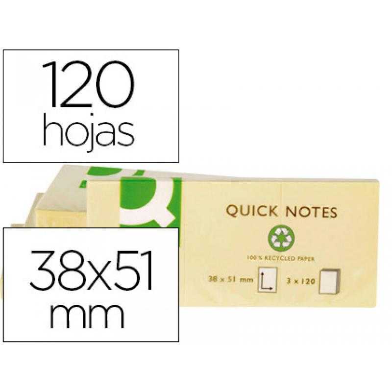 Bloc de notas adhesivas quita y pon q-connect 38x51 mm papel reciclado amarillo con 100 hojas