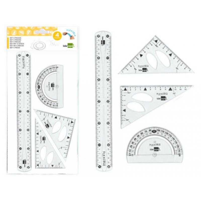 Juego escuadra 10 cm cartabón 14 cm regla 30 cm y semicirc. plástico flexible en petaca liderpapel transparente