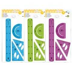 Juego escuadra 10 cm cartabón 14 cm regla 30 cm y semicirc. plástico flexible en petaca liderpapel colores surtidos