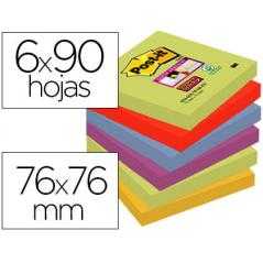 Bloc de notas adhesivas quita y pon post-it super sticky 76x76 mm con 90 hojas pack de 6 bloc colores surtidos