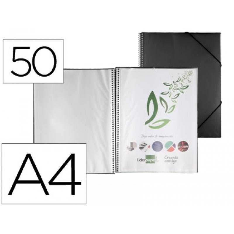 Carpeta liderpapel escaparate con espiral 50 fundas polipropileno din a4 negro