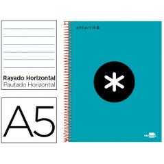 Cuaderno espiral liderpapel a5 micro antartik tapa forrada 120h 100 gr horizontal 5 bandas 6 taladros color turquesa
