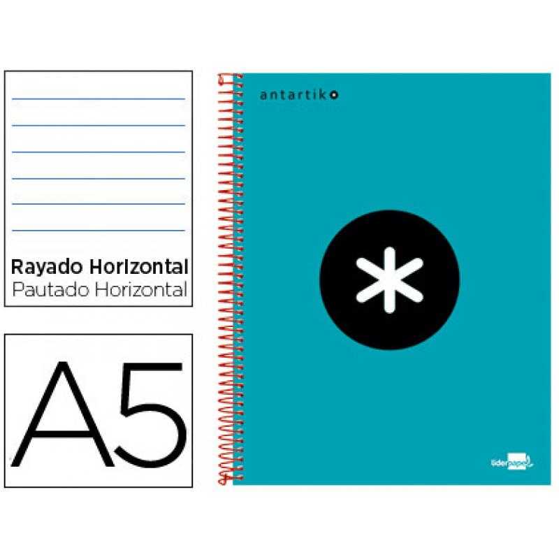 Cuaderno espiral liderpapel a5 micro antartik tapa forrada 120h 100 gr horizontal 5 bandas 6 taladros color turquesa