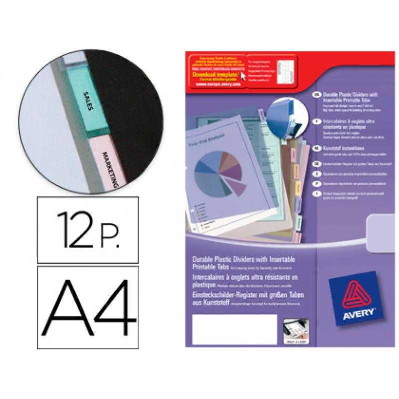 Separador avery de plástico con 12 pestañas personalizable tamaño a4+