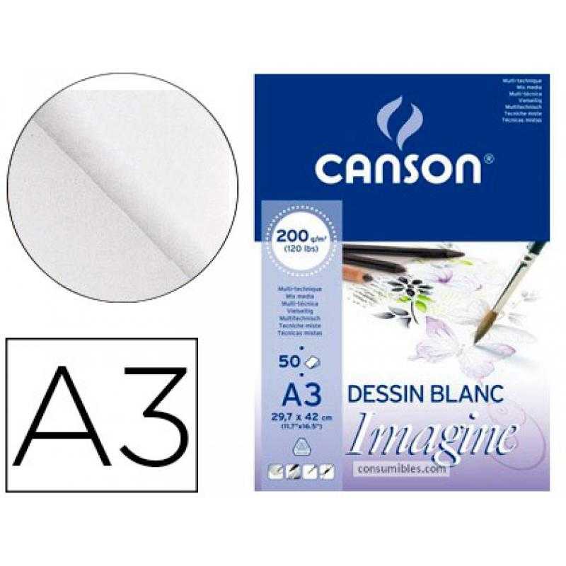 Bloc dibujo multitecnicas canson imagine din a3 encolado liso 29,7x42 cm 50 hojas 200 gr