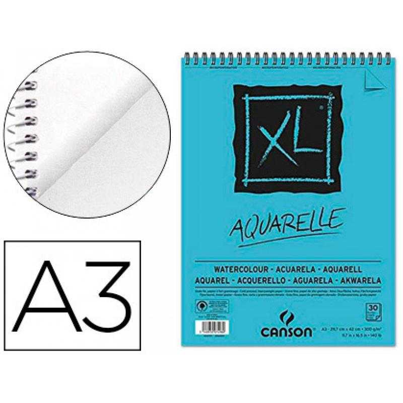 Bloc dibujo acuarela canson xl aquarelle grano fino din a3 microperforado espiral 29,7x42 cm 30 hojas 300 gr