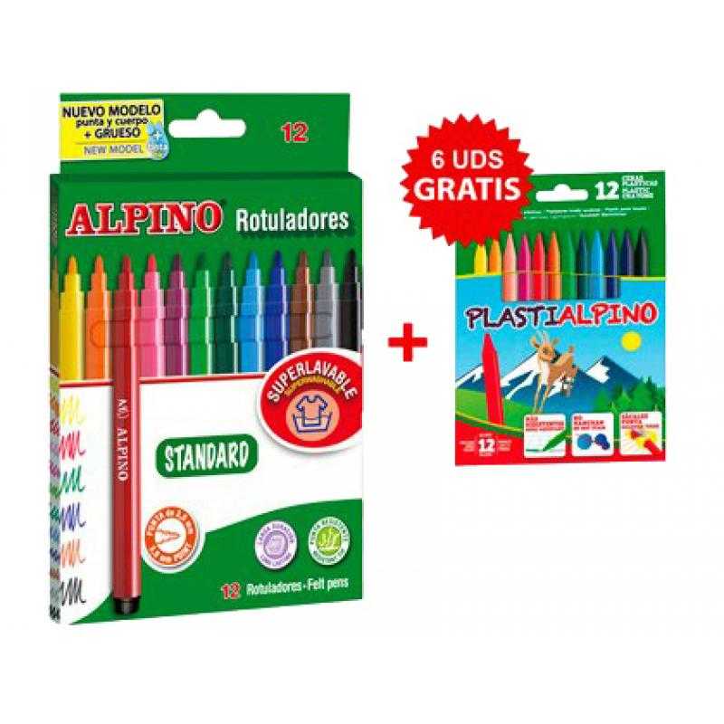 Rotuladores alpino standard 12 colores pack promo 12 cajas rotuladores + 6 cajas lápices plastialpino 12