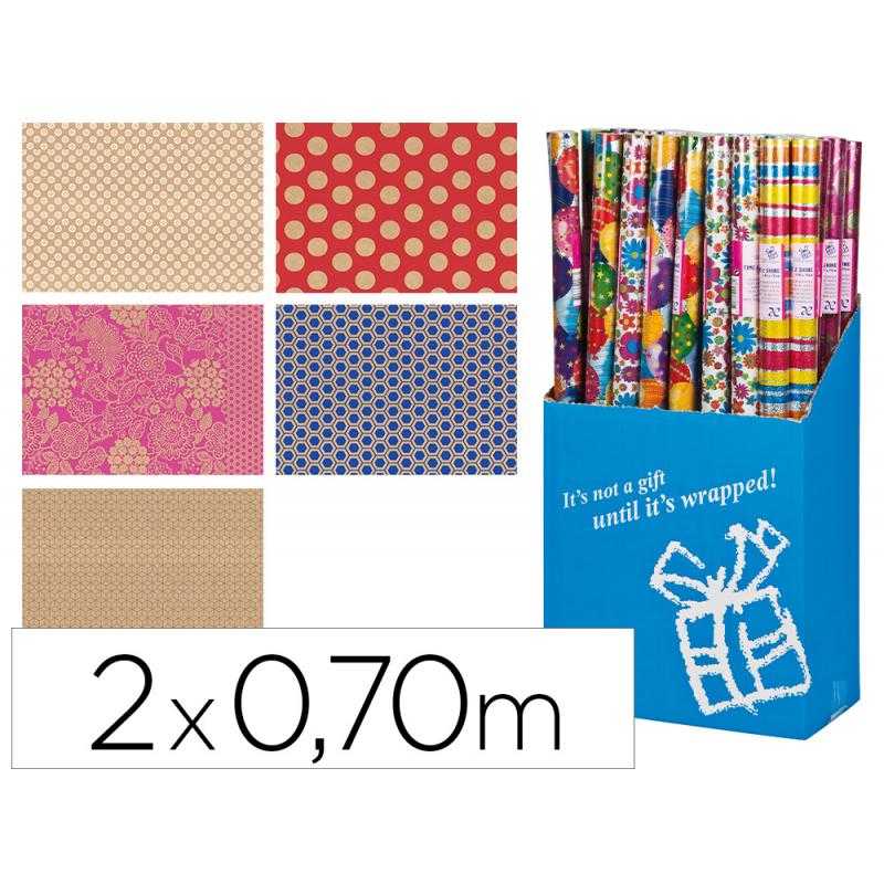 Papel regalo fantasía todo año kraft rollo de 2 x 0,70 mt 60 gr modelos surtidos