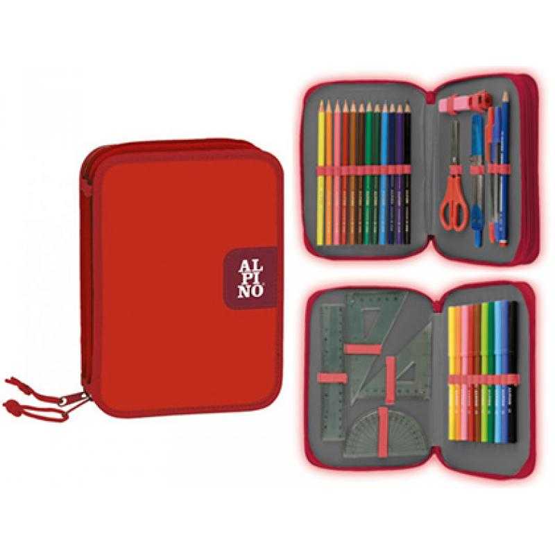 Plumier escolar alpino pequeño doble cremallera rojo 33 piezas