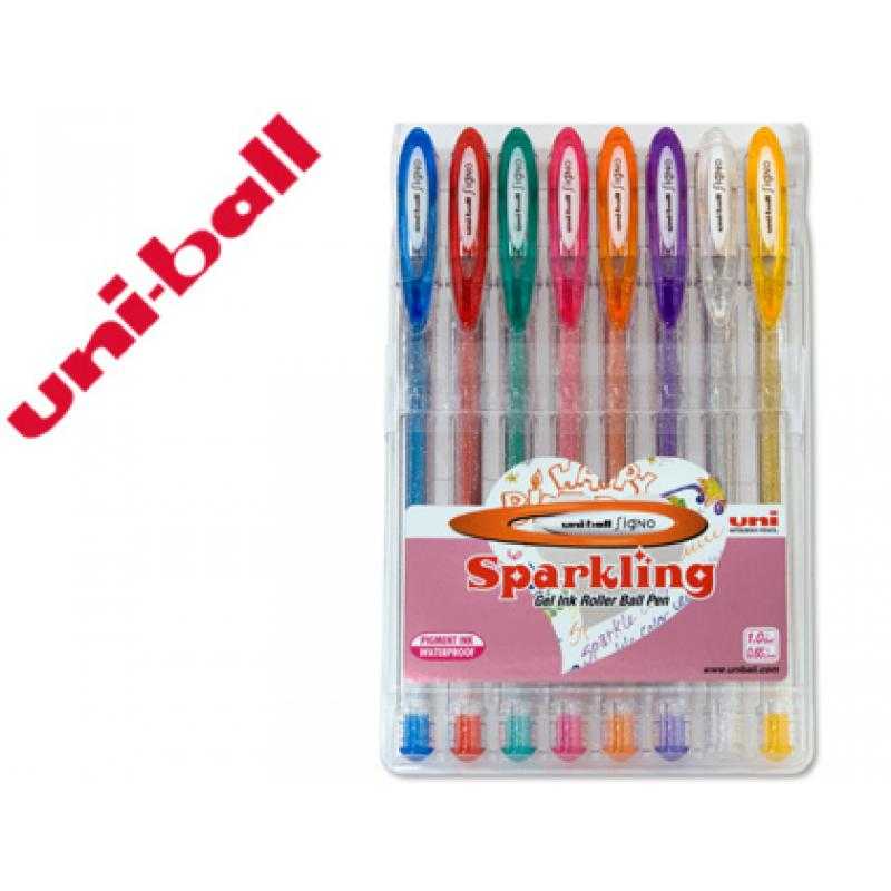 Bolígrafo uni ball um-120 signo 0,7 mm tinta gel estuche de 8 colores con purpurina