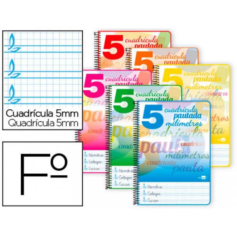 Cuaderno espiral liderpapel folio pautaguia tapa dura 80h 80 gr cuadro pautado 5mmcon margen colores surtidos