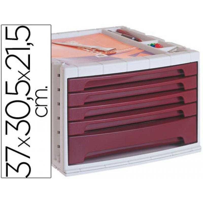 Fichero cajones de sobremesa q-connect 370x305x215 mm bandeja organizadora superior 5 cajones burdeos opaco