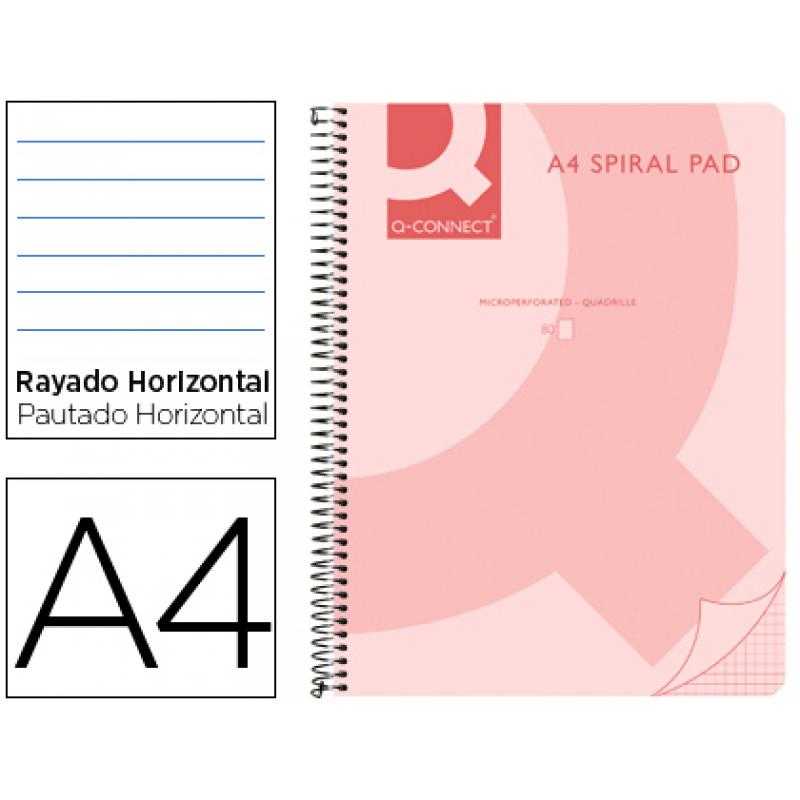 Cuaderno espiral q connect a4 micro tapa plástico 80h 70g horizontal sin bandas 4 taladros rosa