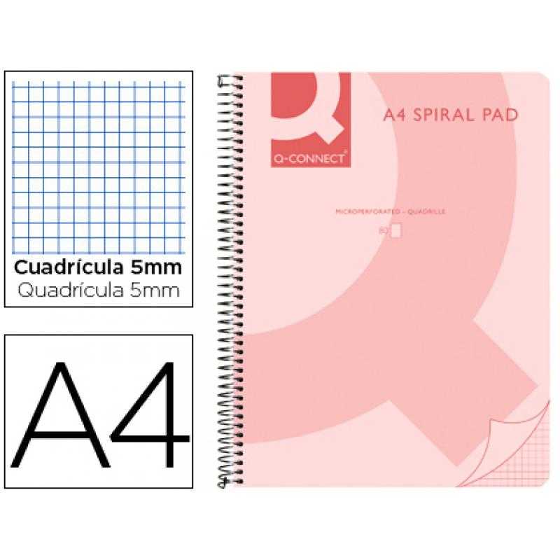 Cuaderno espiral q connect a4 micro tapa plástico 80h 70g cuadro 5mm sin bandas 4 taladros rosa