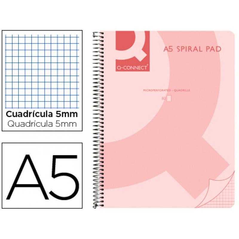 Cuaderno espiral q connect a5 micro tapa plástico 80h 70g cuadro 5mm sin bandas 6 taladros rosa