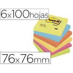 Bloc de notas adhesivas quita y pon post-it 76x76 mm neon pack de 6 blocs surtido