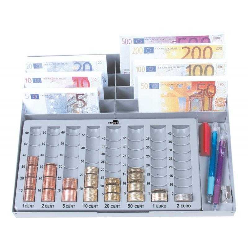 Portamonedas plástico euro q-connect con bandeja metálica para billetes