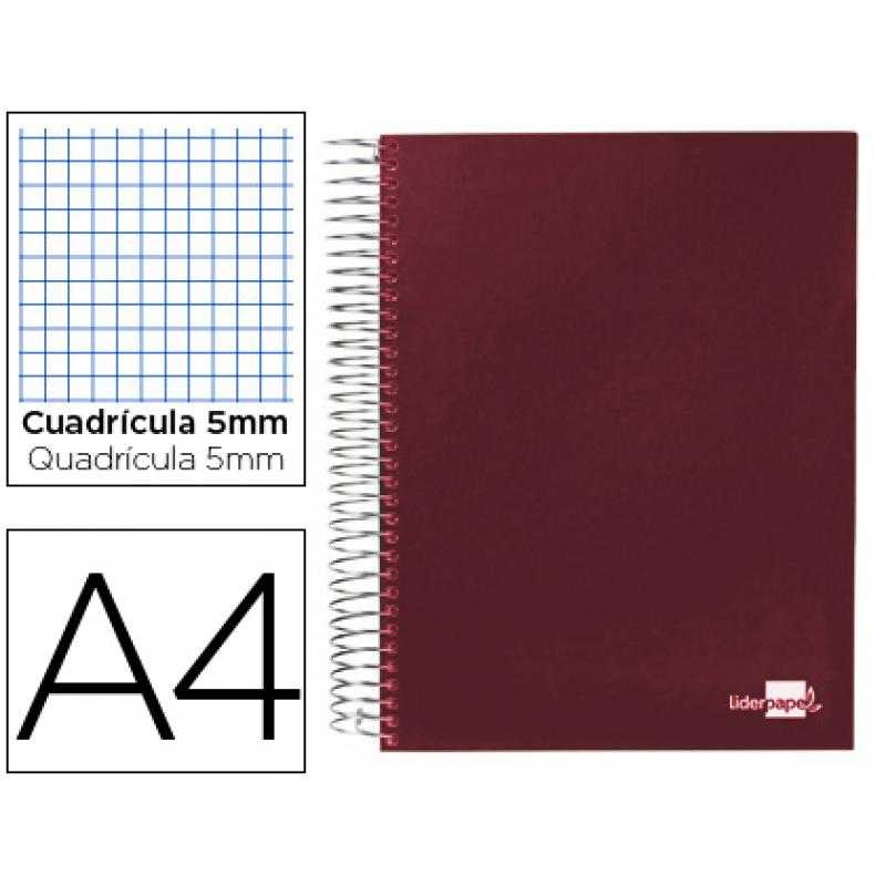 Cuaderno espiral liderpapel a4 micro papercoat tapa forrad140h 75g cuadro 5mm 5 bandas 4taladros. rojo