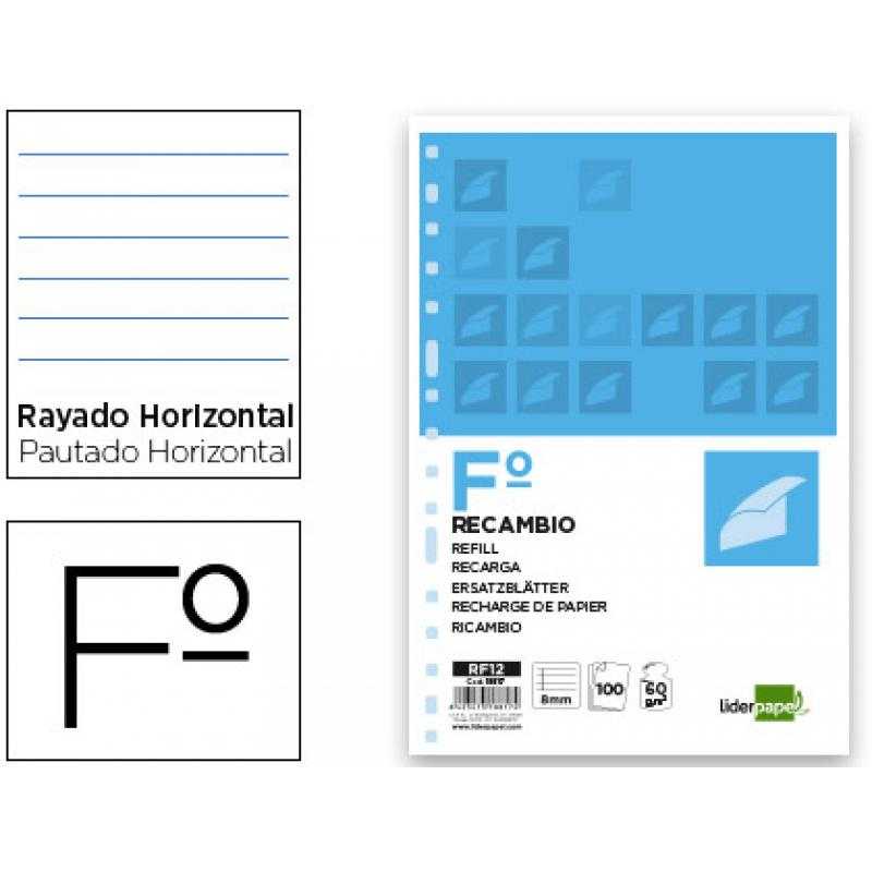 Recambio liderpapel folio 100 hojas 60g/m2 horizontal sin margen 16 taladros