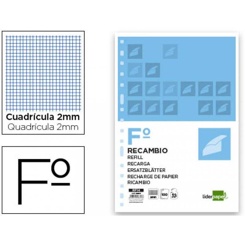 Recambio liderpapel folio 100 hojas 60g/m2 milimetrado sin margen 16 taladros