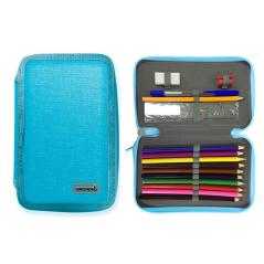 Plumier escolar liderpapel cuatro cremalleras color celeste 65 piezas
