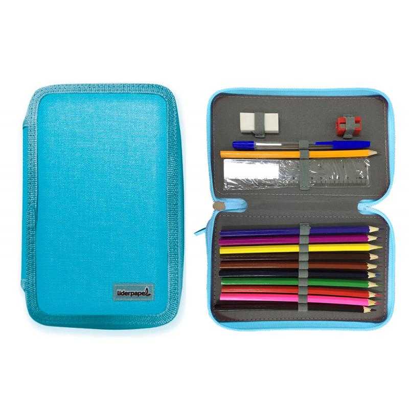 Plumier escolar liderpapel cuatro cremalleras color celeste 65 piezas